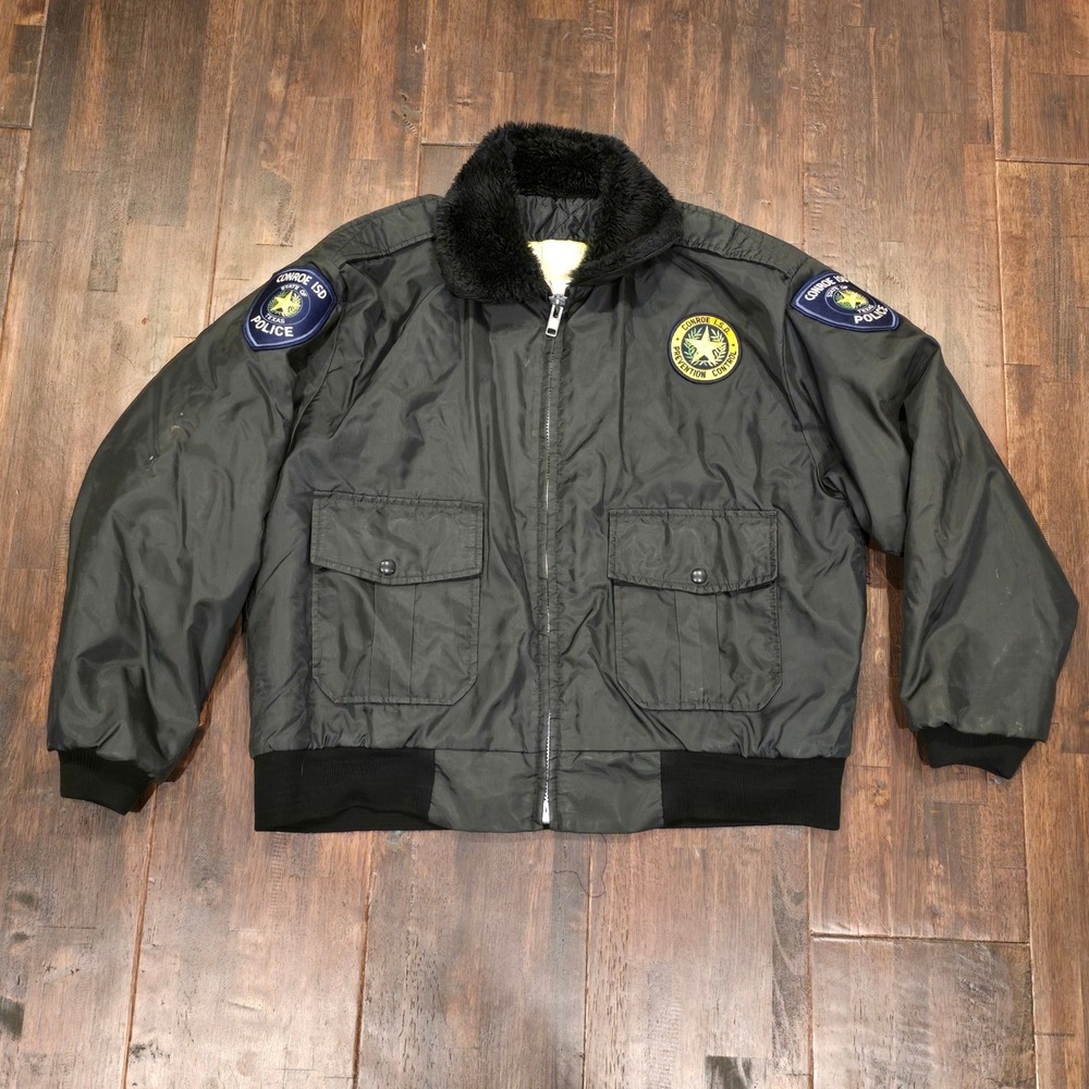 Vintage Conroe ISD Texas Police Bomber Jacket Sherpa Collar Mens L Made USA 80s